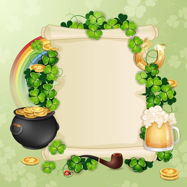 Carte Saint Patrick avec chapeau, fer à cheval et trèfle — Image vectorielle