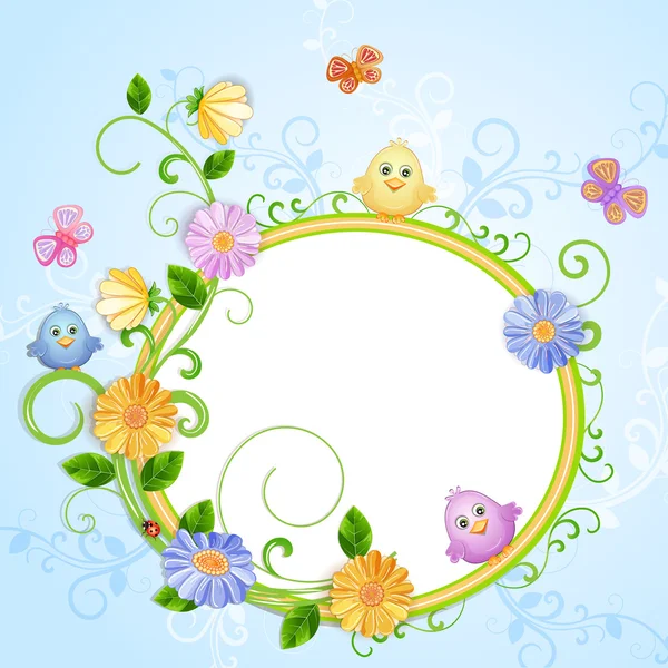 Ilustración de primavera con hermosas flores y lindas aves y mariposas . — Vector de stock