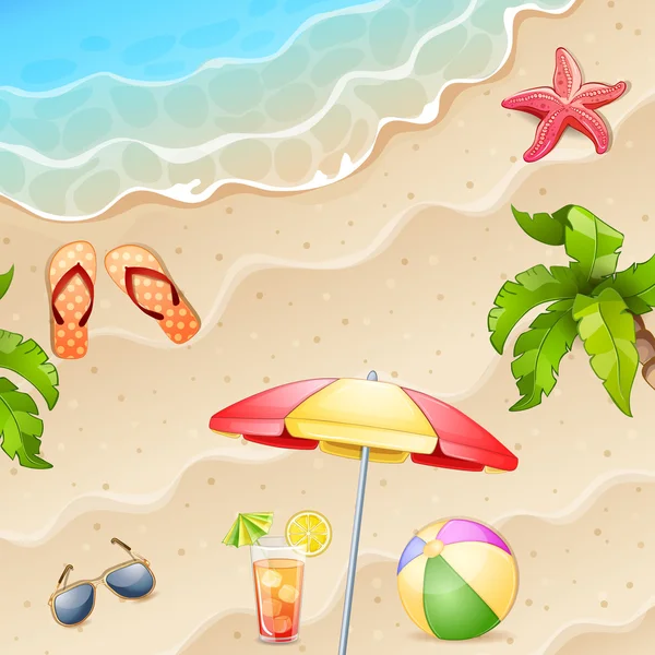 Sommar bild med sjöstjärnor, strand paraply och palm tree. — Stock vektor