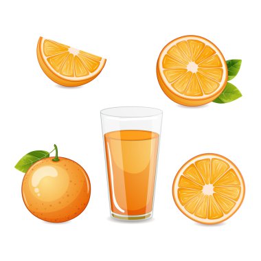 Orange fruit half and sliced and orange juice.
