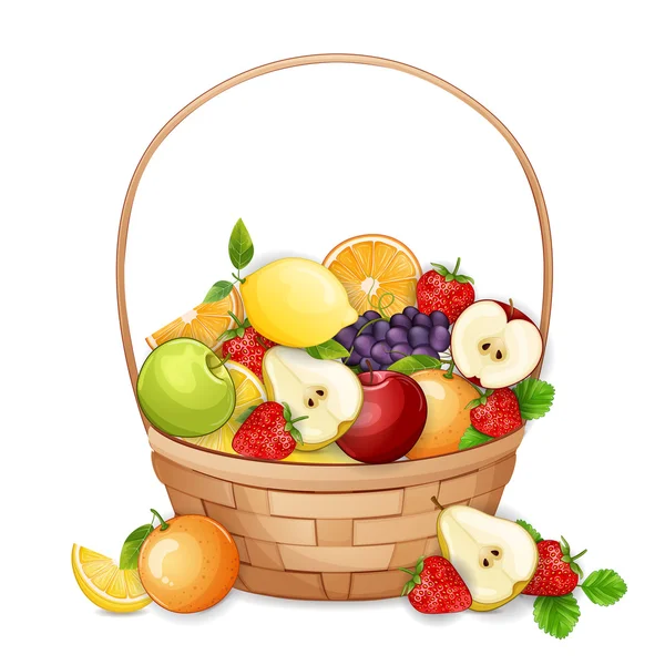 Cesta con frutas frescas y deliciosas aisladas en blanco . — Vector de stock