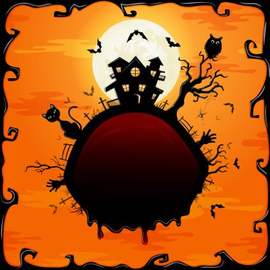 Cadılar Bayramı illüstrasyon kedi, yarasalar ve kale