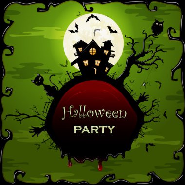 Cadılar Bayramı illüstrasyon kedi, yarasalar ve kale