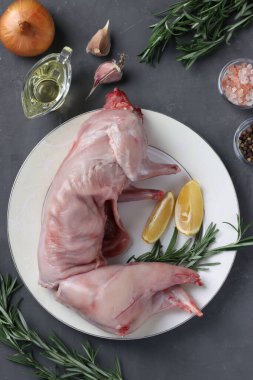 Zeytinyağı, biberiye, biber, sarımsak, deniz tuzu ve limonlu taze çiğ tavşan gri arka planda. Üst Manzara. Dikey biçim.