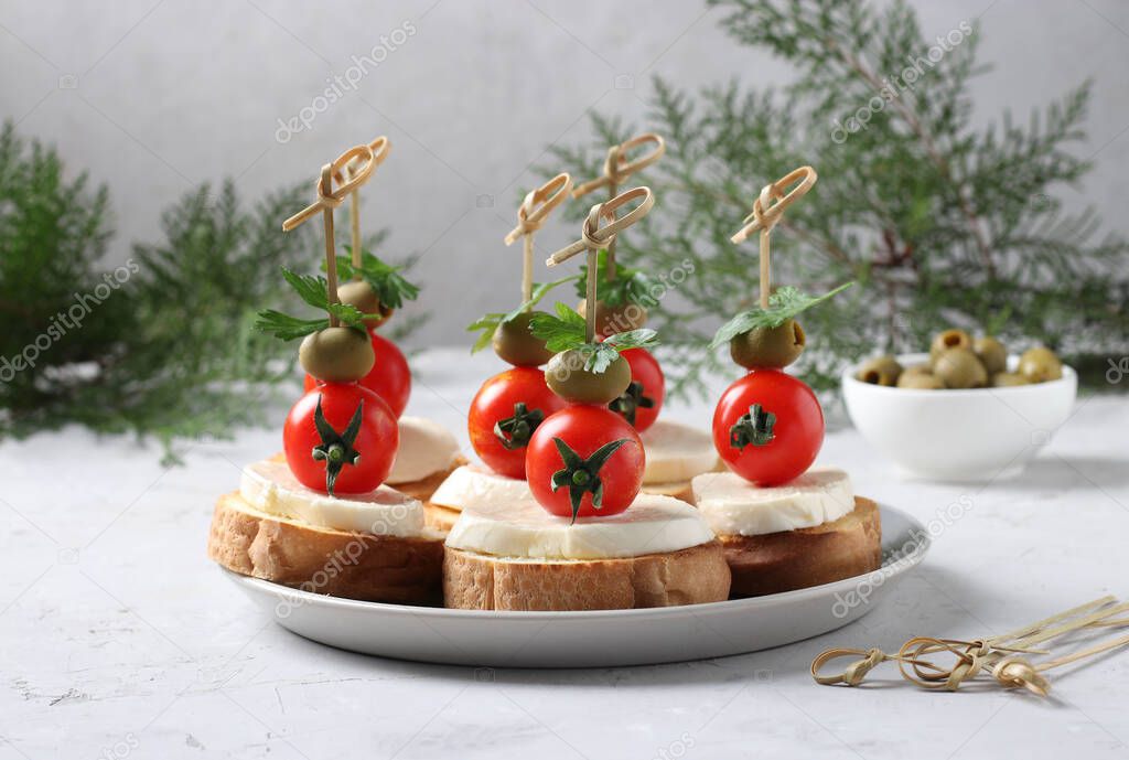 Canapes of mozzarella, cherry tomatoes, green olives, parsley on croutons of white bread on gray background. Christmas composition.