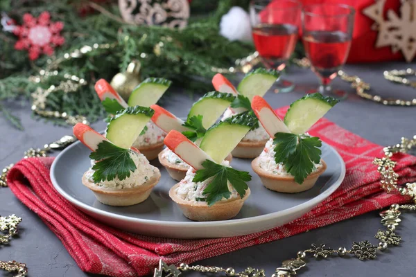 Tartlets Crab Sticks Cream Cheese Cucumber Plate Grey Background Festive — Stock Photo, Image