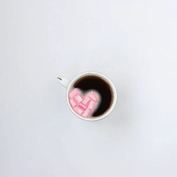 Cup Coffee Heart Marshmallows White Background Top View — Stock Photo, Image