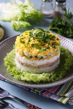 Açık mavi bir tabakta morina ciğeri, pirinç, yumurta, mısır ve salatalıklı şenlikli puf salatası. Dikey biçim