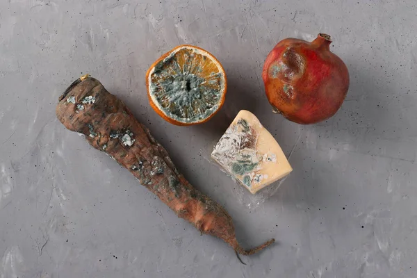 Spoiled rotten foods with mold: half an orange, pomegranate, carrots and hard cheese on gray background, Top view