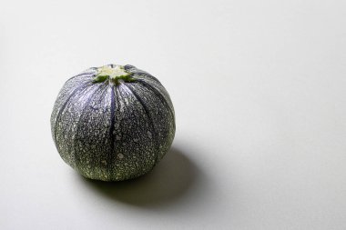 Açık arkaplanlı ve gölgeli bir yuvarlak yeşil kabak. Mesaj için yer. Yakın çekim.