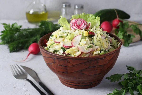 Salad with cabbage, cucumbers, radishes, parsley and egg, seasoned with olive oil in a brown bowl on gray background with fresh ingredients — Stock Photo, Image