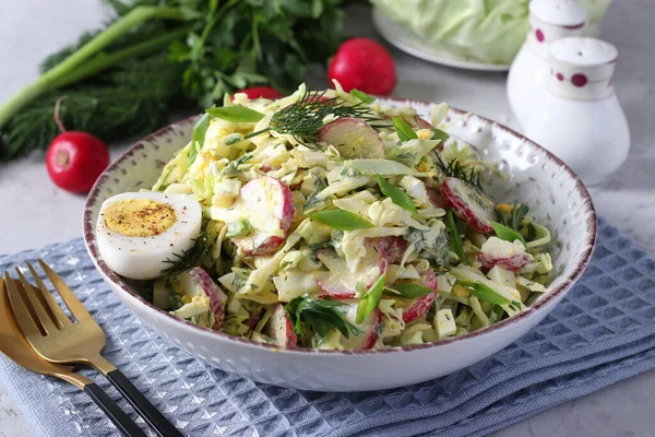 Салат з капустою, редькою, петрушкою, зеленою цибулею та яйцями, заправлений сметаною на сірому фоні. Здорова їжа — стокове фото