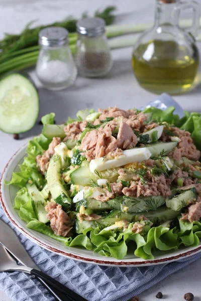 Salată cu ton conservat, ceapă verde, ouă și castraveți, condimentată cu ulei de măsline. Servit pe frunze de salată verde. Alimente sănătoase . — Fotografie, imagine de stoc