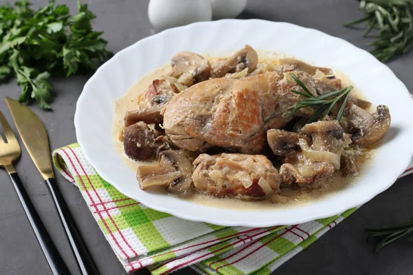 Rabbit Meat Mushrooms Sour Cream Sauce White Plate Dark Gray — Stock Photo, Image