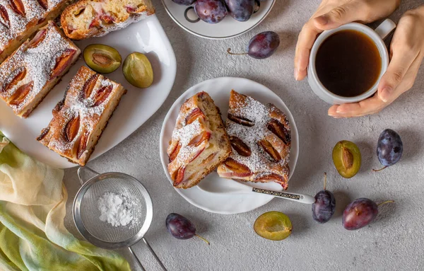 Homemade Pie Plums Cup Coffee Female Hands Fresh Plums Light — Stock Photo, Image