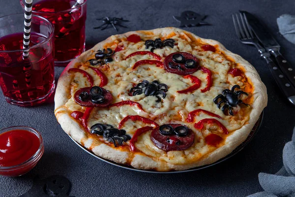 Halloween Pizza Amuzantă Păianjeni Idee Creativă Pentru Pizza Halloween Fundal — Fotografie, imagine de stoc