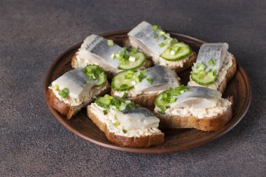 Tuzlu ringa balığı, yumurta, salatalık ve yeşil soğanlı ev yapımı sandviçler.