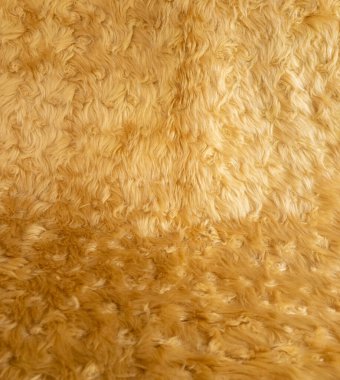 Altın hayvan yünü dokusu. Ürün arkaplanı için pofuduk kürk halının yakın çekim dokusu, 30 açılı görünüm