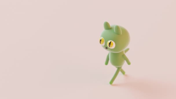 Roztomilý karikatura zelená kočka chůze — Stock video