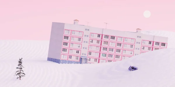 Illustrazione 3D, rendering 3D. Casa sovietica e auto sotto la neve. Immagine Stock