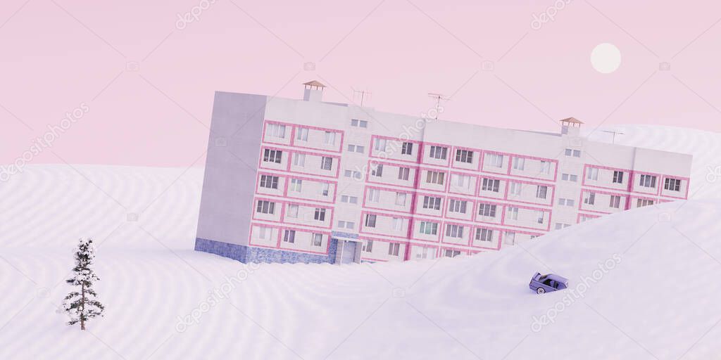 3D illustration, 3D rendering. Soviet house and car under snow.