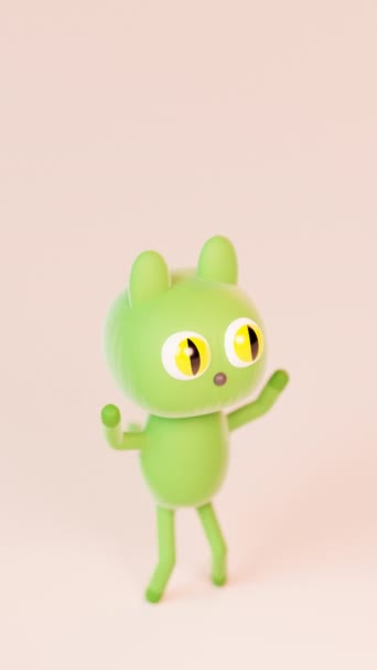 3D вертикальное видео. Симпатичный мультик, танцующий зеленый кот — стоковое видео