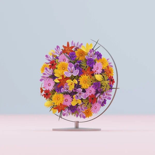 Illustrazione 3D, rendering 3D. Molti fiori multicolori nel globo. Foto Stock Royalty Free