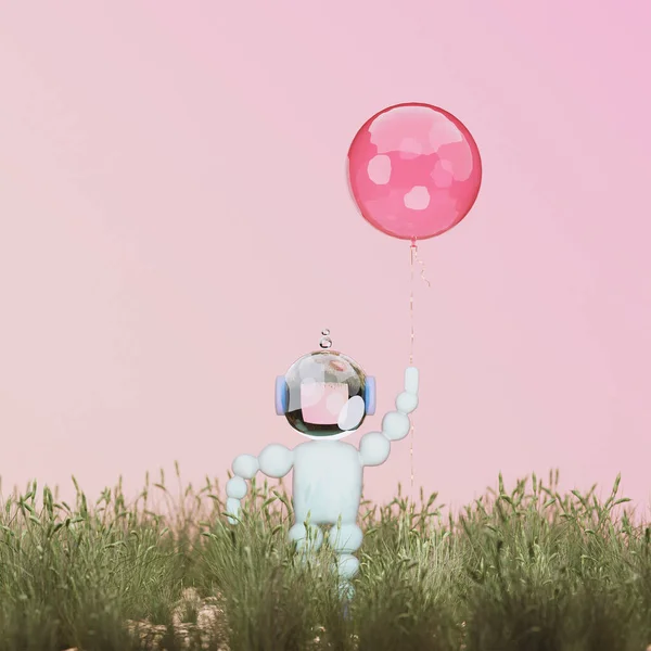 Ilustración 3D, representación 3D. Astronauta de dibujos animados con globo rojo. — Foto de Stock