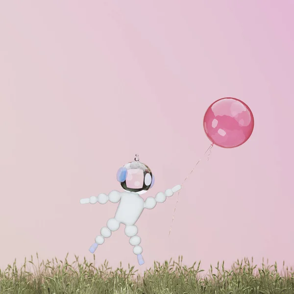 3D-Illustration, 3D-Rendering. Cartoon-Astronaut mit rotem Ballon. — Stockfoto