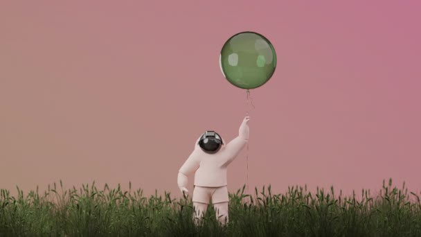 Ilustracja 3D, renderowanie 3D. Kreskówkowy astronauta z czerwonym balonem. — Wideo stockowe