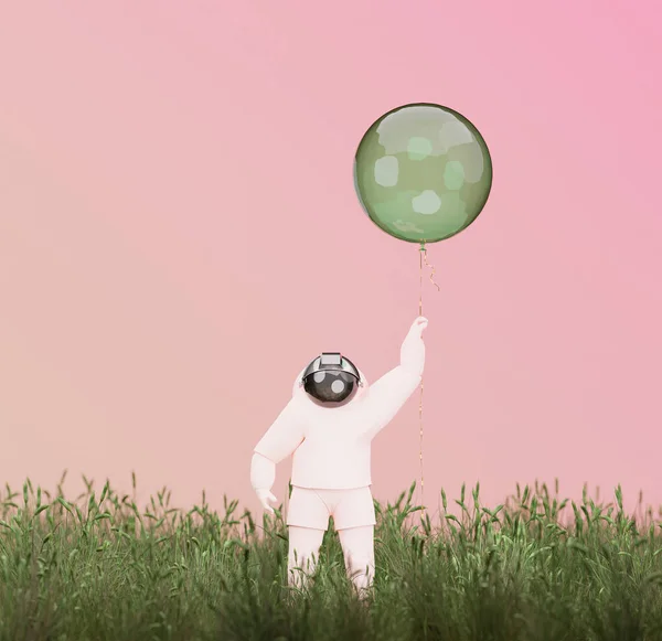 3D απεικόνιση, 3D απόδοση. Γελοιογραφία αστροναύτης με κόκκινο μπαλόνι. — Φωτογραφία Αρχείου