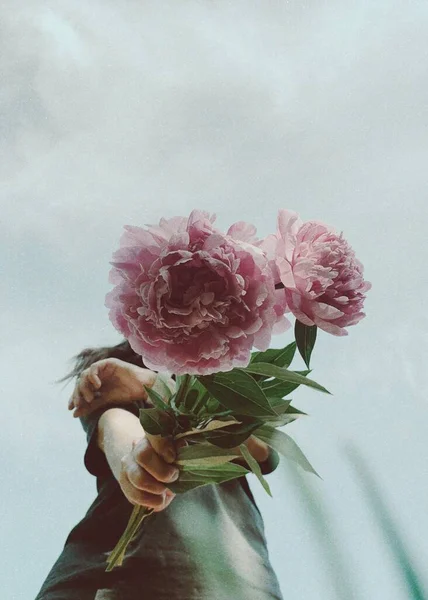 Gökyüzü arka planında elinde çiçek şakayığı — Stok fotoğraf