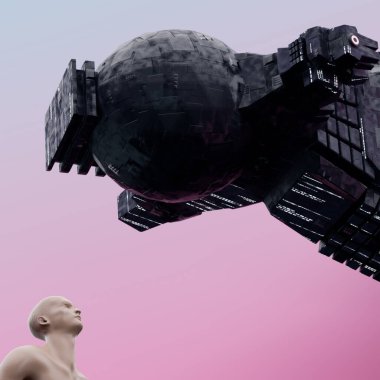 3 boyutlu çizim, 3 boyutlu çizim. İnsan ve UFO.
