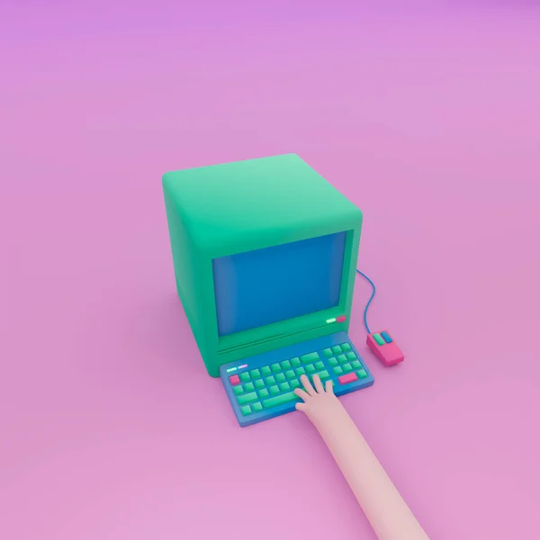 Renderização 3d, ilustração 3d. Computador com teclado, mouse e mão em chaves. — Fotografia de Stock