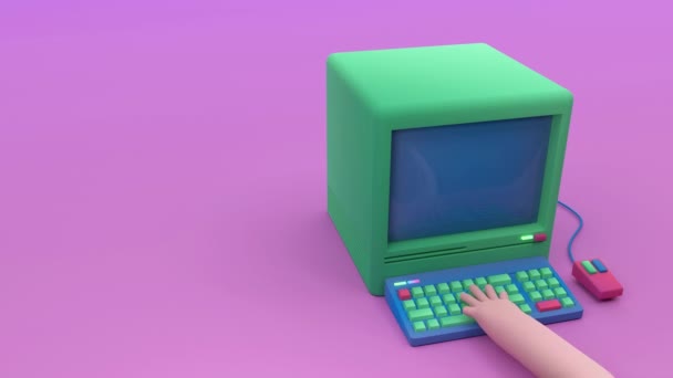 3D-Darstellung, 3D-Bewegung. Computer mit Tastatur, Maus und Hand auf Tasten. — Stockvideo