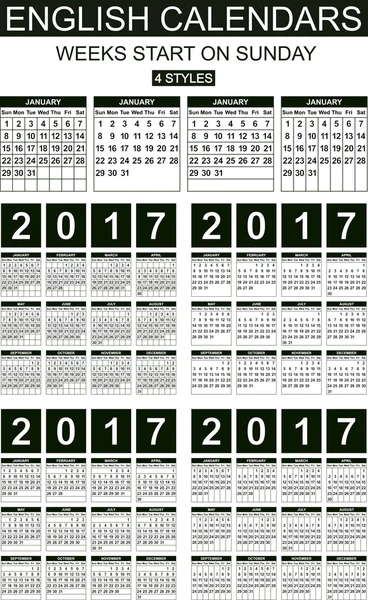 English Calendars of 2017. Four Styles Vector Graphics