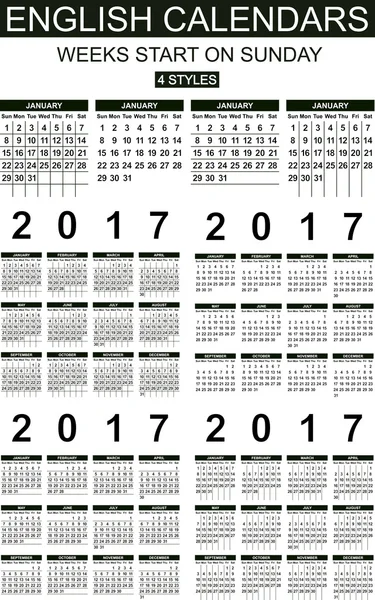 English Calendars of 2017. Four Styles Stock Illustration