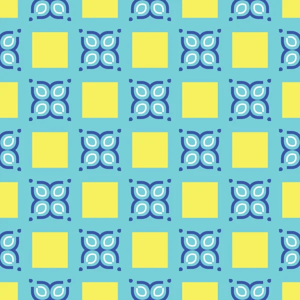 幾何学的形状を持つベクトルシームレスパターンテクスチャの背景 青で着色 黄色と白の色 — ストックベクタ