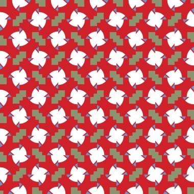 Geometrik şekilli, kırmızı, mavi, yeşil ve beyaz renklerde vektörsüz desen arkaplanı.