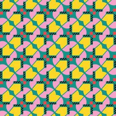 Geometrik şekilli, yeşil, siyah, sarı, pembe ve kırmızı renklerde vektör desensiz arkaplan.