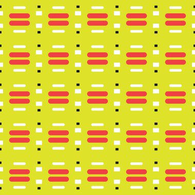 Geometrik şekilli, sarı, kırmızı, beyaz ve siyah renkli vektör desensiz arkaplan.