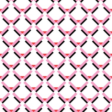 Geometrik şekilli, beyaz, pembe, kırmızı ve siyah renkli vektörsüz desen arkaplanı.