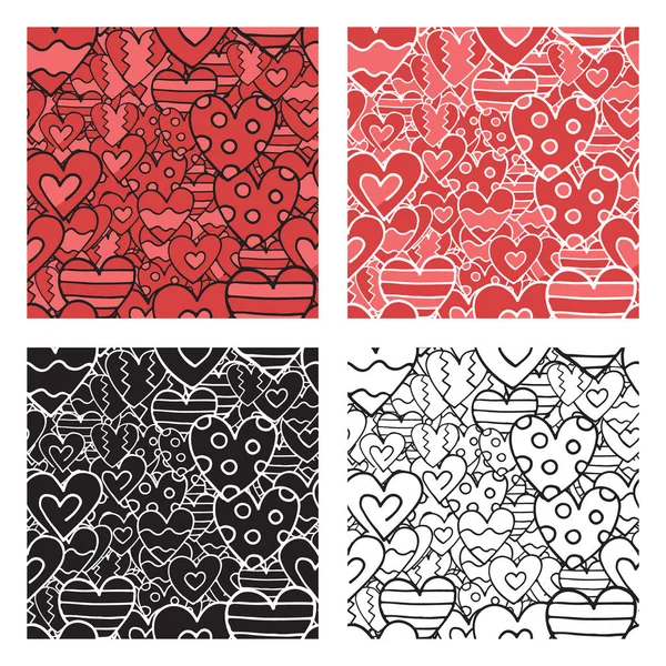 Vector Hand Drawn Seamless Pattern Set Texture Background Heart Shapes — Stock Vector