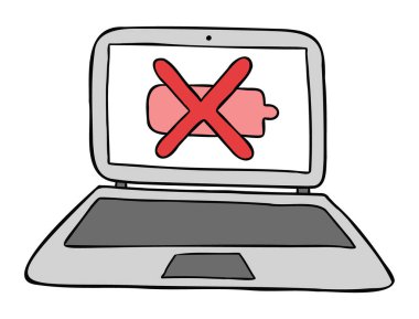 Dizüstü bilgisayarın şarjı bitmiş karikatür çizimi. Renkli ve siyah çizgiler.