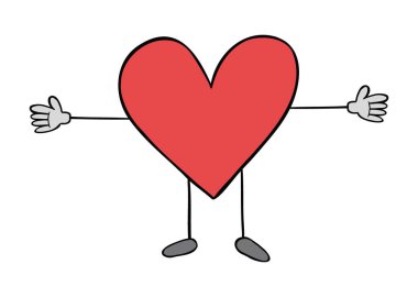 Kalp maskotu karakterinin çizgi film çizimi. Renkli ve siyah çizgiler.