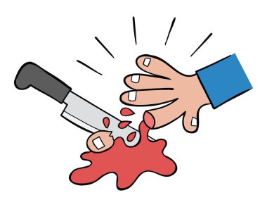 Parmağı bıçakla kesmenin karikatür çizimi. Renkli ve siyah çizgiler.