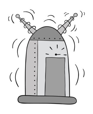 Çalışan zaman makinesinin çizgi film vektör çizimi. Renkli ve siyah çizgiler.