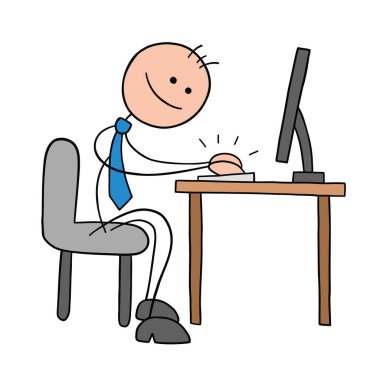 Stickman iş adamı karakteri bilgisayarda çalışıyor ve mutlu, vektör karikatür çizimi yapıyor. Siyah çizgili ve renkli. 