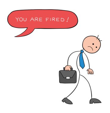 Stickman iş adamı karakteri kovuldu ve ne yazık ki vektör karikatür çiziminden ayrıldı. Siyah çizgili ve renkli. 