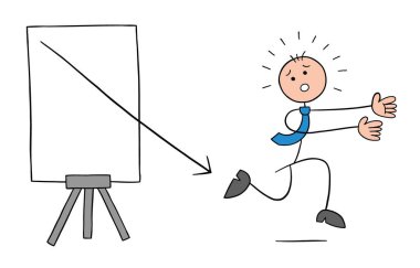 Satış grafiğinin okları çıktı ve Stickman iş adamı karakteri kaçıyor, vektör karikatür çizimi. Siyah çizgili ve renkli. 